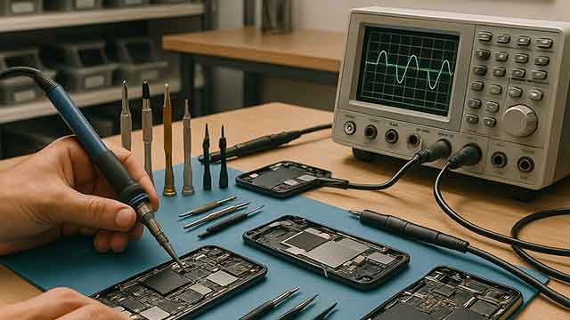 تعمیرکار موبایل حرفه‌ای در حال تعمیر گوشی آیفون